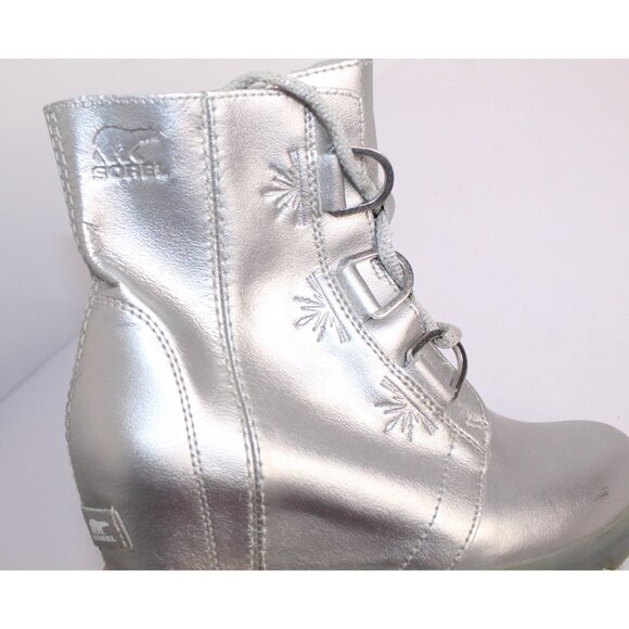 Sorel Disney Frozen Youth Ankle Boots Girls 3 Silver Leather Lace Up Wedge Heel - Picture 11 of 12